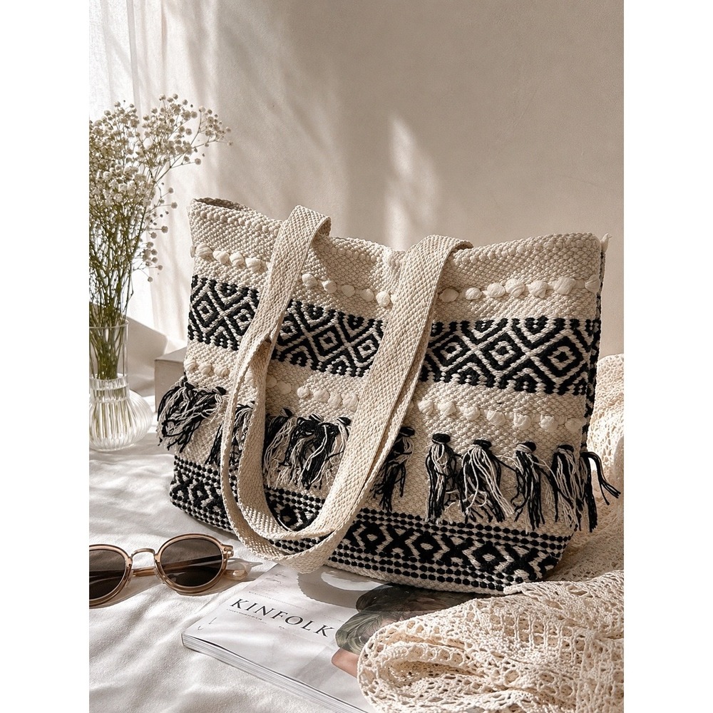 Raj Woven Geometric Tassel Tote Bag Black Cream Boho Pom Pom XL Large NEW